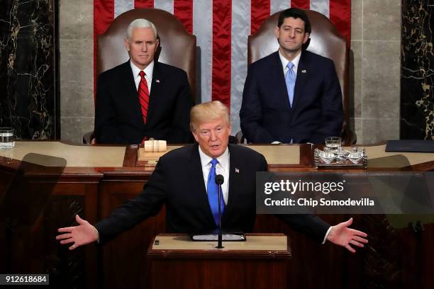 President Donald J. Trump delivers the State of the Union address as U.S. Vice President Mike Pence and Speaker of the House U.S. Rep. Paul Ryan look...