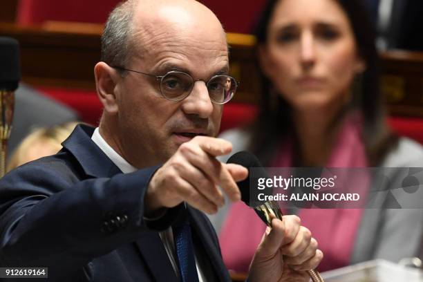 French Education Minister Jean-Michel Blanquer gestures while speaking during a session of questions to the government, on January 31, 2018 at the...