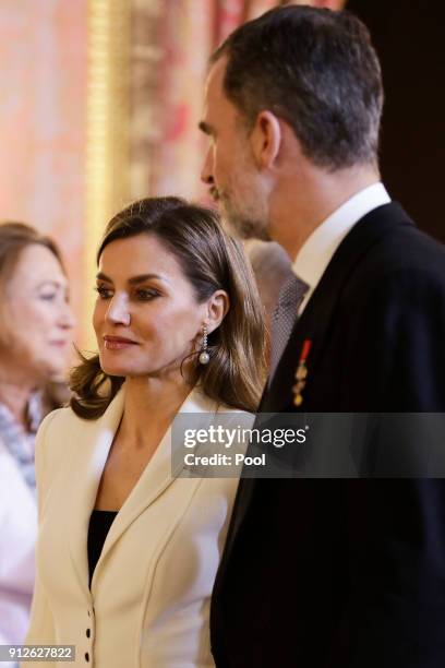 King Felipe VI of Spain and Queen Letizia of Spain attend the Foreign Ambassadors Reception at The Royal Palace on January 31, 2018 in Madrid, Spain.