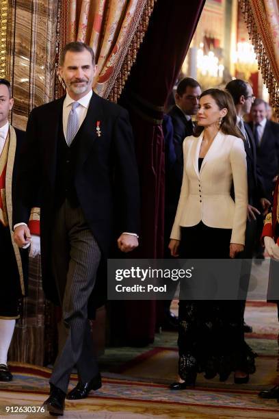 King Felipe VI of Spain and Queen Letizia of Spain attend the Foreign Ambassadors Reception at The Royal Palace on January 31, 2018 in Madrid, Spain.