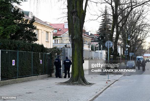 Police patrol outside the Israeli Embassy in Warsaw on January 31 after a local governor, citing security concerns, banned traffic in the area in...