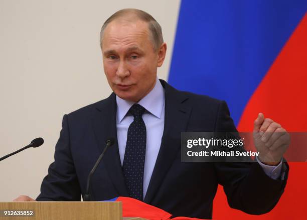 Russian President Vladimir Putin speeches during his meeting with Olympic athletes who will take part in the upcoming 2018 Pyeongchang Winter Olympic...