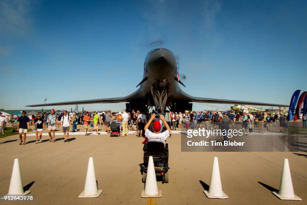 usaf b1 bomber on display in front of crowd - b1 bomber stock pictures, royalty-free photos & images