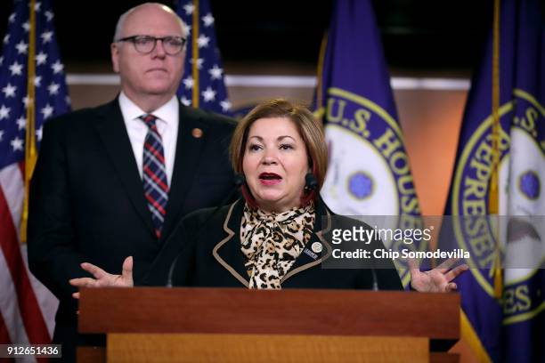 Rep. Linda Sanchez talks with reporters with Rep. Joseph Crowley following a meeting of the House Democratic caucus at the U.S. Capitol January 31,...