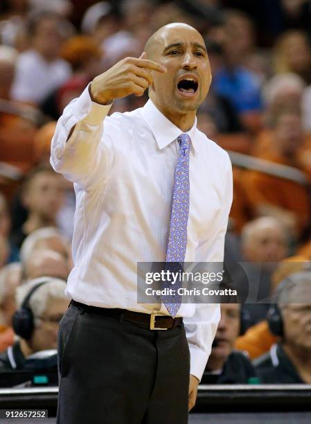 Head coach Shaka Smart of the Texas Longhorns reacts as his team plays the Mississippi Rebels at the Frank Erwin Center on January 27, 2018 in...