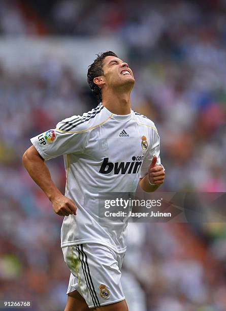 Cristiano Ronaldo of Real Madrid reacts during the La Liga match between Real Madrid and Tenerife at the Estadio Santiago Bernabeu on September 26,...