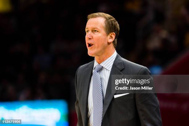 Head coach Terry Stotts of the Portland Trail Blazers yells to the team during the first half against the Cleveland Cavaliers at Quicken Loans Arena...