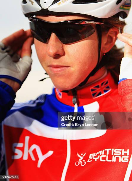 Nicole Cooke of Great Britain arrives at the start line of at the 2009 UCI Road World Championships Elite Women's Road Race on September 26, 2009 in...