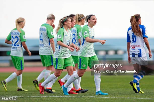 Wolfsburg players celebrate a goal during the Women's friendly match between VfL Wolfsburg and SC Huelva on January 31, 2018 in Vila Real Santo...