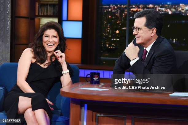 The Late Show with Stephen Colbert and guest Julie Chen during Monday's January 29, 2018 show.