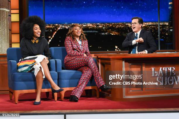 The Late Show with Stephen Colbert and guests Jessica Williams and Phoebe Robinson during Tuesday's January 30, 2018 show.