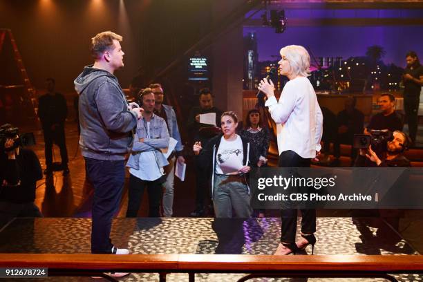 Writer Eliza Skinner and producer James Longman give notes during rehearsal of Drop The Mic with Helen Mirren and James Corden during "The Late Late...