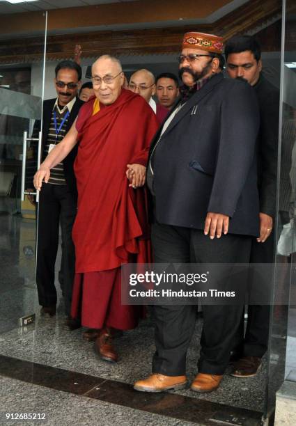 Tibetan Spiritual leader the Dalai Lama arrives at Gaggal airport after a 2 month long tour across India on January 31, 2018 near Dharamsala, India.