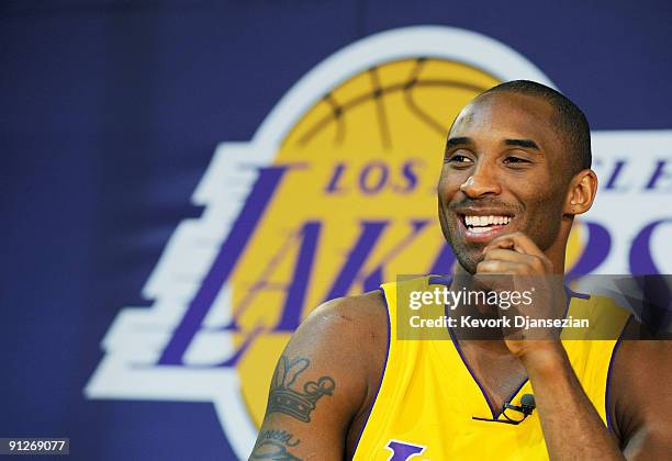 Kobe Bryant of the Los Angeles Lakers smiles during Lakers media day at the Lakers training facility on September 29, 2009 in El Segundo, California.