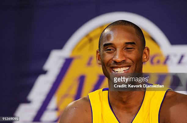 Kobe Bryant of the Los Angeles Lakers smiles during Lakers media day at the Lakers training facility on September 29, 2009 in El Segundo, California.