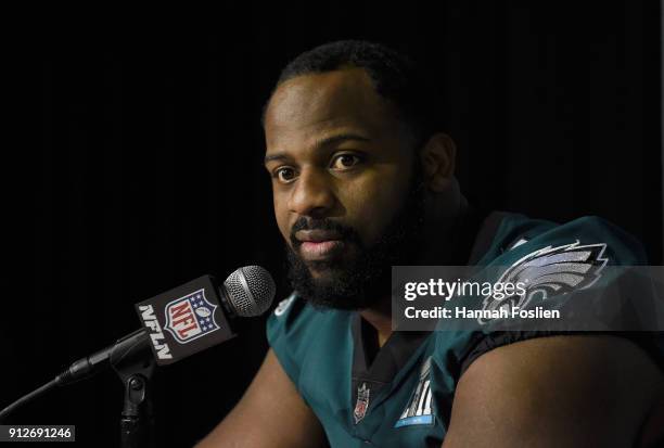 Fletcher Cox of the Philadelphia Eagles speaks to the media during Super Bowl LII media availability on January 31, 2018 at Mall of America in...