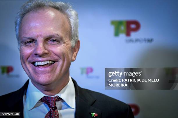 S co-ower and shareholder David Neeleman speaks to the media after TAP's general meeting at Pestana Palace Hotel in Lisbon on January 31, 2018. / AFP...