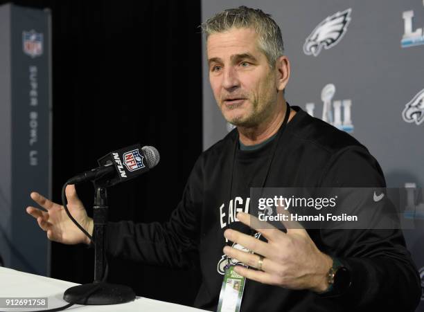 Offensive coordinator Frank Reich of the Philadelphia Eagles speaks to the media during Super Bowl LII media availability on January 31, 2018 at Mall...