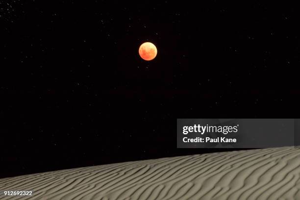 Super Blue Blood Moon is seen over the sand dunes on January 31, 2018 in Lancelin, Australia. Last seen from Australia in December 1983, a Super Blue...