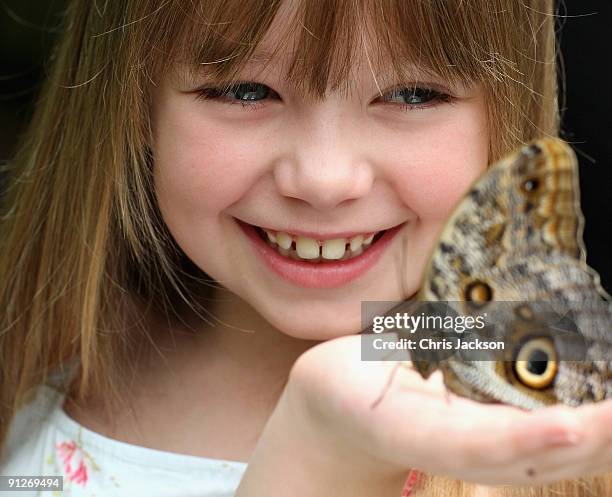 Singer Connie Talbot looks at a butterfly as she takes part in a photoshoot at London Zoo on June 25, 2009 in London, England.