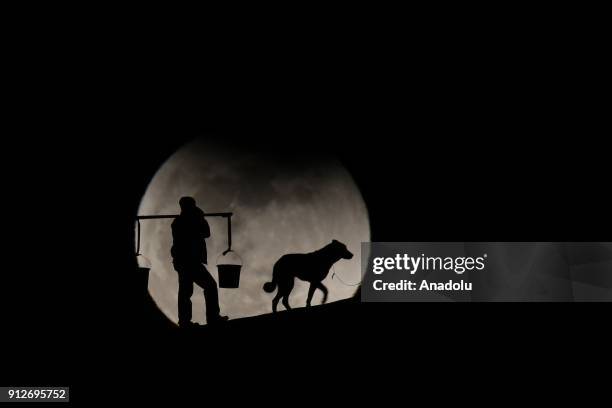 Silhouette of a man carrying baskets using shoulder pole and a dog on leash are seen in front of the 'Super blue blood moon' in Gevas district of Van...