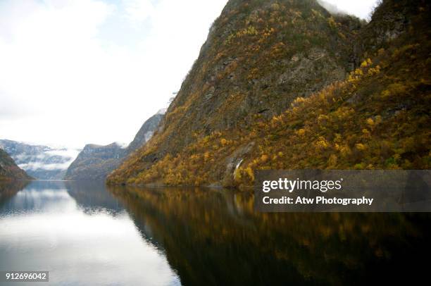 autumn colour, aurlandsfjord, norway - aurlandsfjord stock pictures, royalty-free photos & images