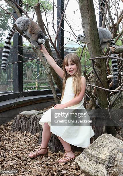 Singer Connie Talbot feeds ring tailed lemurs as she takes part in a photoshoot at London Zoo on June 25, 2009 in London, England.