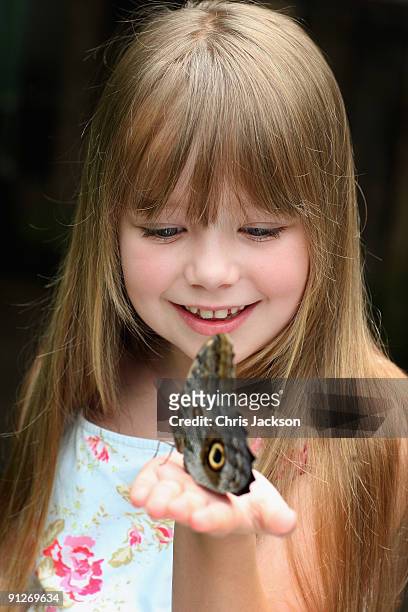 Singer Connie Talbot looks at a butterfly as she takes part in a photoshoot at London Zoo on June 25, 2009 in London, England.