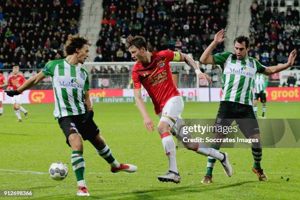 Philippe Sandler of PEC Zwolle, Wout Weghorst of AZ Alkmaar, Dirk Marcellis of PEC Zwolle during the Dutch KNVB Beker match between AZ Alkmaar v PEC...