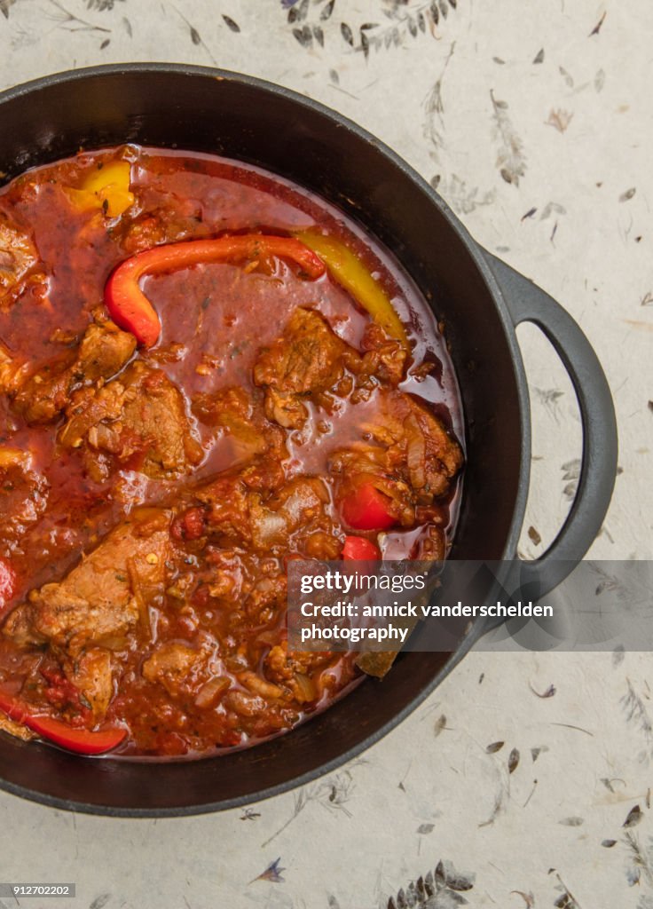 Lamb stew with bell pepper chops.