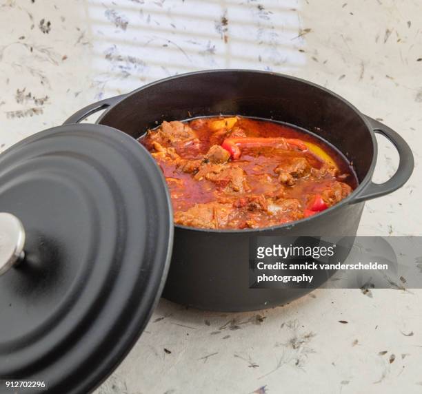 lamb stew with bell pepper chops. - ovenschotel stockfoto's en -beelden