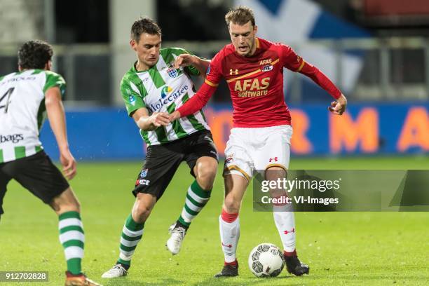 Dirk Marcellis of PEC Zwolle, Erik Bakker of PEC Zwolle, Teun Koopmeiners of AZ during the Dutch KNVB quarter final match between AZ Alkmaar and PEC...