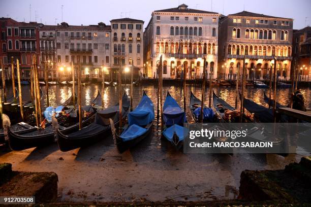 Gondolas are seen tied up in Venice Canal Grande, near Rialto bridge, on January 31 as exceptionally low tides have drained the lagoon city. The...