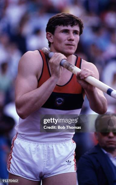 Sergei Bubka of the U.S.S.R., pole vaulter, at the IAAF Grand Prix Athletics meeting held in Stockholm, Sweden, June 1987. .