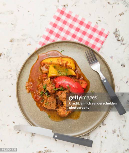 served lamb stew with bell pepper. - simmer on the bay stock pictures, royalty-free photos & images