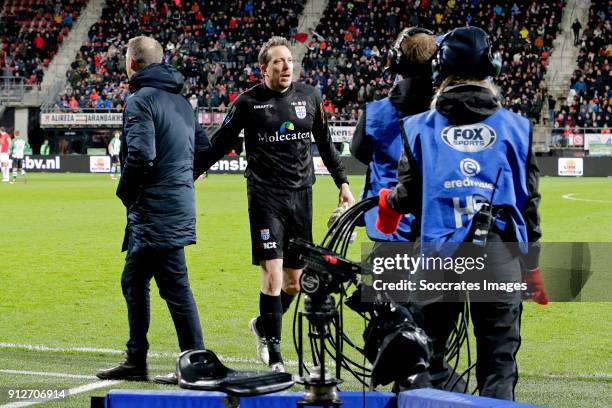 Diederik Boer of PEC Zwolle is leaving the pitch after receiving a red card during the Dutch KNVB Beker match between AZ Alkmaar v PEC Zwolle at the...