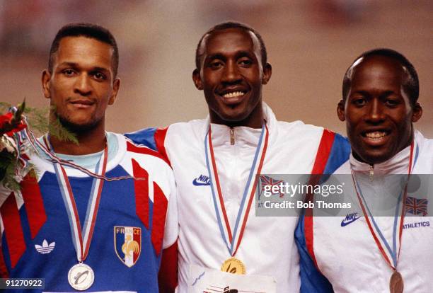 Daniel Sangouma of France , Linford Christie of Great Britain and John Regis of Great Britain , medallists in the men's 100m, at the 15th European...