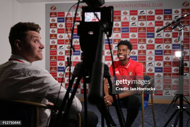 Ovie Ejaria is interviewed after being unveiled as a Sunderland player at The Academy of Light on January 31, 2018 in Sunderland, England.