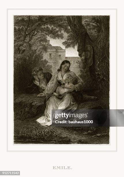 parents with a newborn child from “emile” engraving la nouvelle heloise (the new heloise) restored engraving - tree dedication stock illustrations