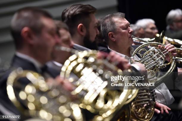 French horn's musicians of the Ural Philharmonic Orchestra rehearse a musical piece composed by Russian composer Sergei Rachmaninoff and leaded by...