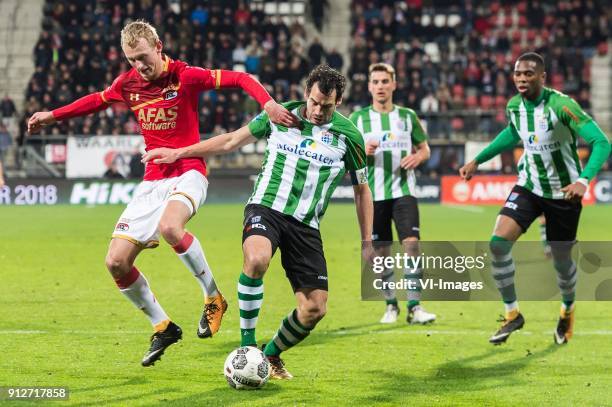 Ondrej Mihalik of AZ, Dirk Marcellis of PEC Zwolle during the Dutch KNVB quarter final match between AZ Alkmaar and PEC Zwolle at AFAS stadium on...