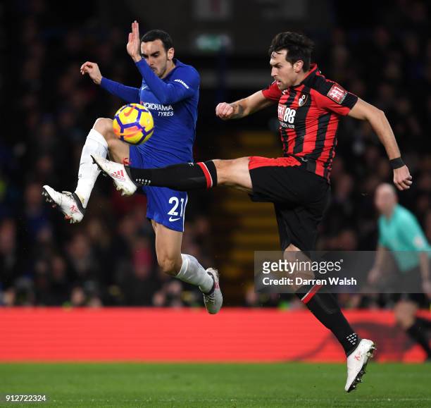 Charlie Daniels of AFC Bournemouth is challenged by Davide Zappacosta of Chelsea during the Premier League match between Chelsea and AFC Bournemouth...