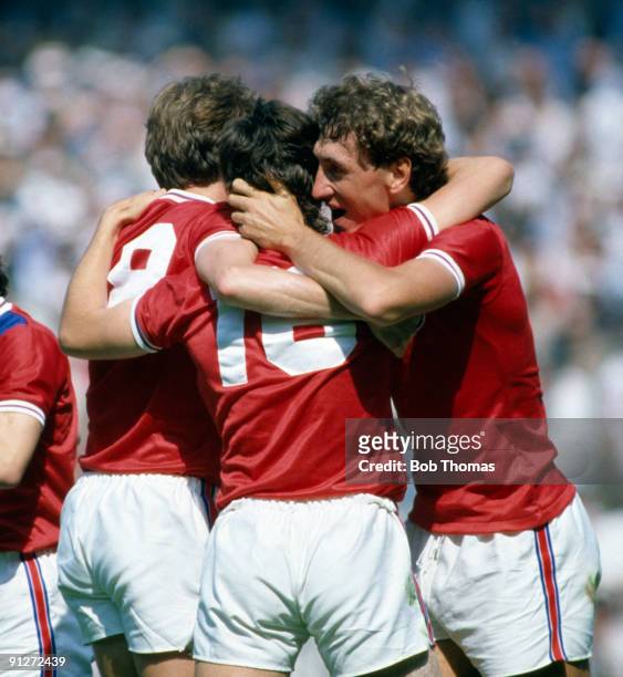 Bryan Robson of England is congratulated by team-mates after scoring a goal during the England v France World Cup match played in Bilbao, Spain on...