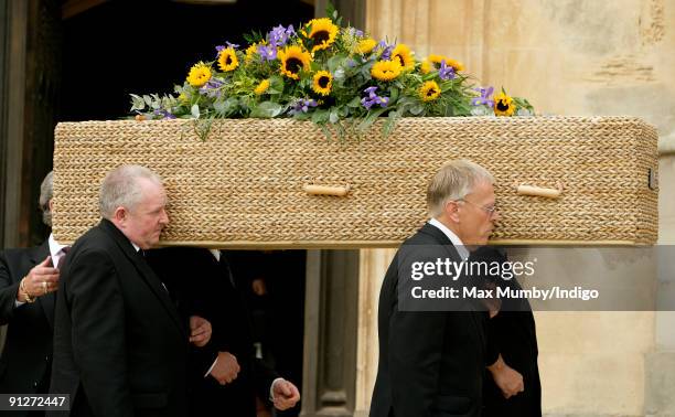 Pall bearers carry Keith Floyd's wicker coffin from Ashton Court Mansion after his funeral on September 30, 2009 in Bristol, England. The TV chef...