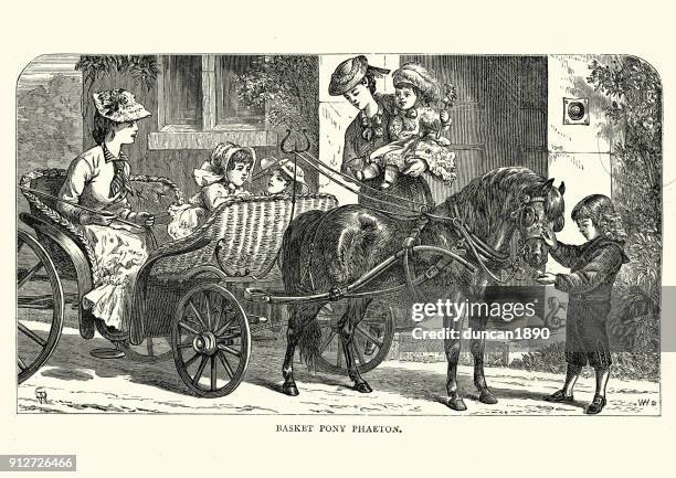 victorian children riding pony phaeton carriage, 19th century - phaeton-carriage stock illustrations