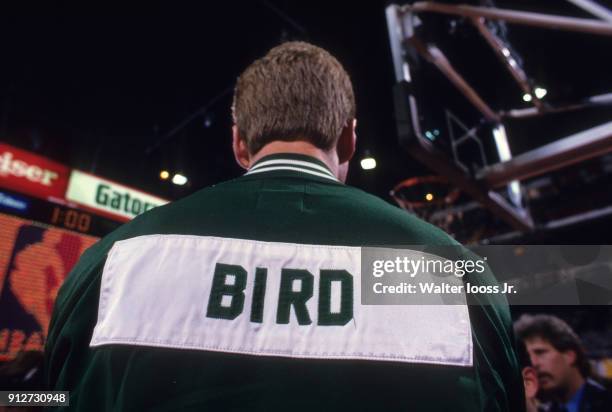 Three Point Shooting Contest: Closeup from rear of Boston Celtics Larry Bird after All-Star Weekend competition at Chicago Stadium. Chicago, IL...