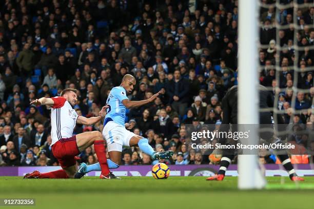 Fernandinho of Man City scores their 1st goal during the Premier League match between Manchester City and West Bromwich Albion at the Etihad Stadium...