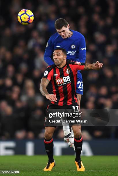 Andreas Christensen of Chelsea wins a header over Callum Wilson of AFC Bournemouth during the Premier League match between Chelsea and AFC...