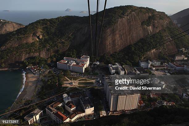 Praia Vermelha, the Red Beach, in the suburb of Urca is seen in this view from the cable-car which takes visitors to the top of Pão de Açúcar, or...