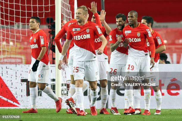 Monaco's Colombian forward Radamel Falcao celebrates with teammates after scoring a goal during the French League Cup semi-final football match...